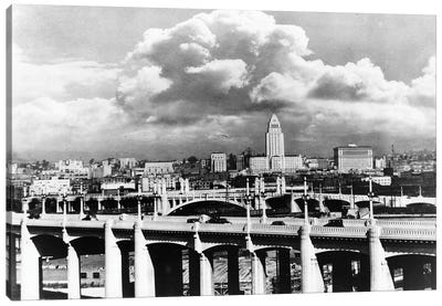 1930s Skyline With Los Angeles Bridge In Foreground Los Angeles California USA Canvas Art Print - Los Angeles Art