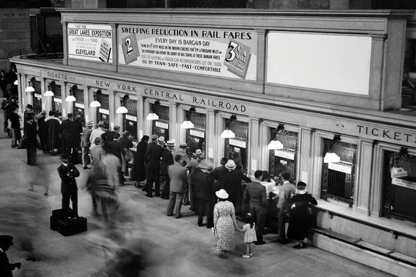 Historical Fashion: 1930s Travelers Buying Rail Tickets Grand Central Station New York City by Vintage Images