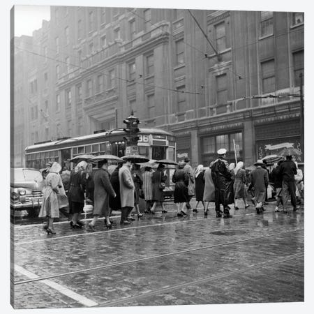 1940s 1950s Pedestrian Intersection City Cross Walk Umbrellas Rain Wet Weather Trolley Car Philadelphia Pennsylvania USA Canvas Print #VTG767} by Vintage Images Canvas Wall Art