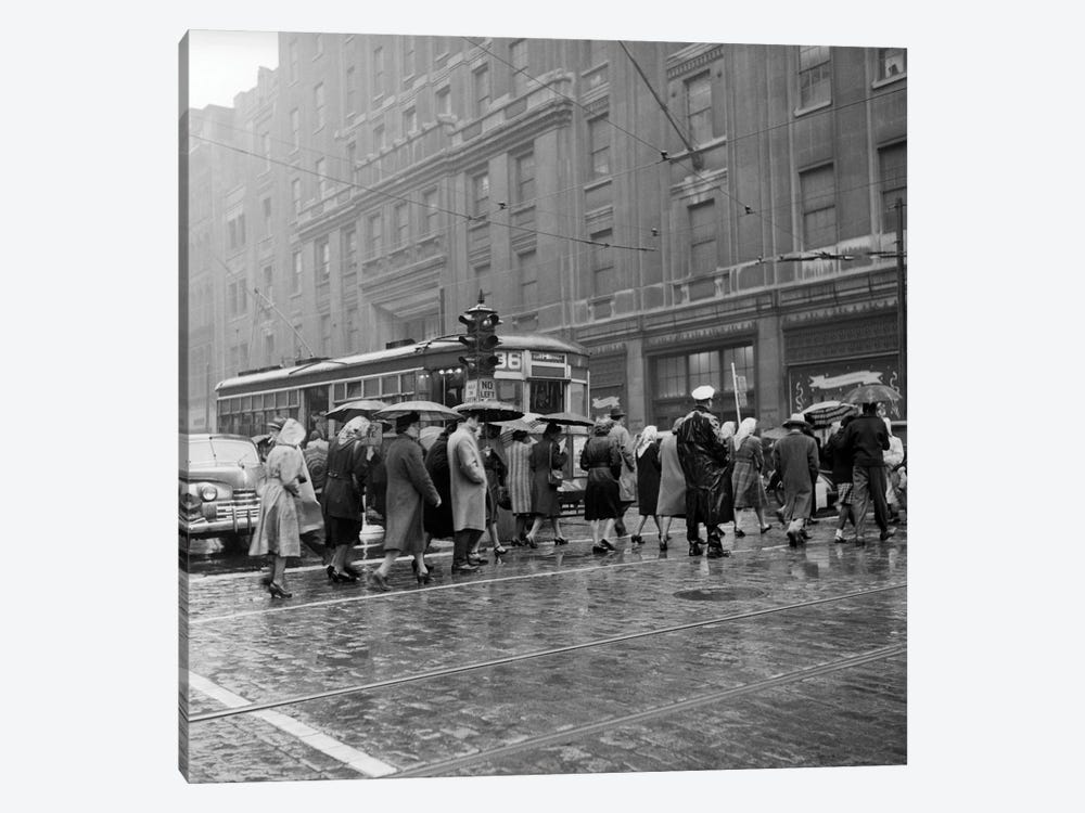 1940s 1950s Pedestrian Intersection City Cross Walk Umbrellas Rain Wet Weather Trolley Car Philadelphia Pennsylvania USA by Vintage Images 1-piece Canvas Artwork