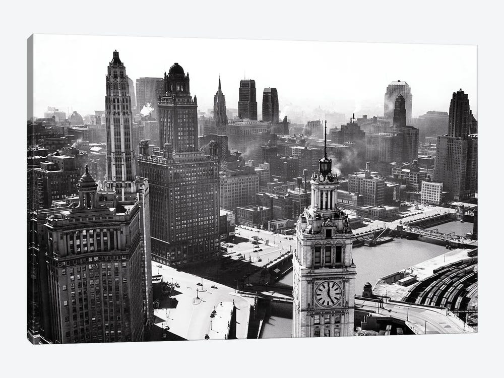 1940s Looking Sw From Tribune Tower Wacker Drive Along Chicago River Wrigley Building Tower In Foreground Chicago Illinois USA by Vintage Images 1-piece Canvas Artwork