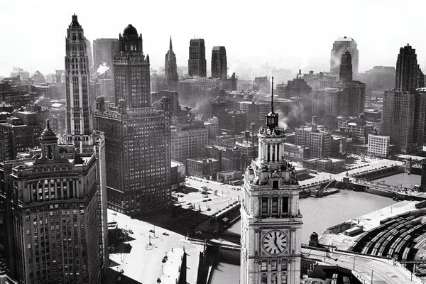Vintage Images: 1940s Looking Sw From Tribune Tower Wacker Drive Along Chicago River Wrigley Building Tower In Foreground Chicago Illinois USA by Vintage Images