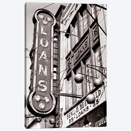 1940s Pawnbrokers Shop With Neon Sign For Loans And Symbol Of Three Gold Spheres Suspended From A Bar Canvas Print #VTG775} by Vintage Images Canvas Art Print