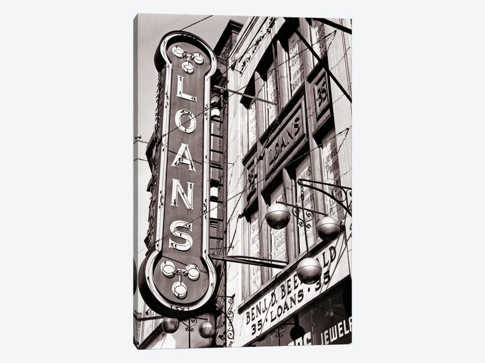 1940s Pawnbrokers Shop With Neon Sign For Loans And Symbol Of Three Gold Spheres Suspended From A Bar by Vintage Images 1-piece Art Print