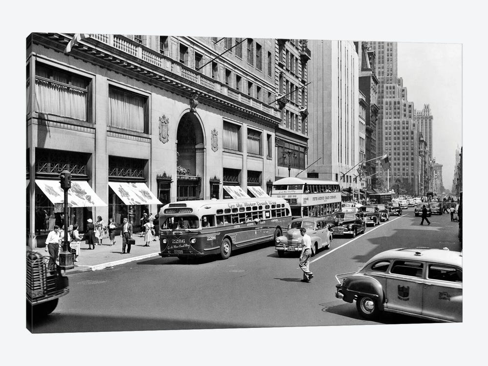 1940s Pedestrians Buses Cars Cabs 5Th Avenue Traffic Looking North Lord & Taylor Department Store Manhattan New York City Ny USA by Vintage Images 1-piece Canvas Wall Art