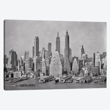 1940s Skyline Of Downtown Financial District NYC Spires Of Woolworth Building Irving Trust And 40 Wall Street From Brooklyn Canvas Print #VTG778} by Vintage Images Canvas Art