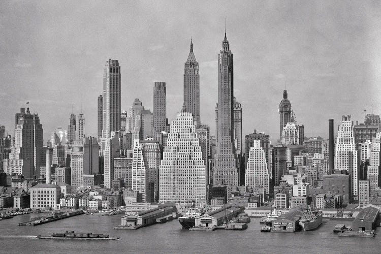 1940s Skyline Of Downtown Financial District NYC Spires Of Woolworth Building Irving Trust And 40 Wall Street From Brooklyn by Vintage Images wall art