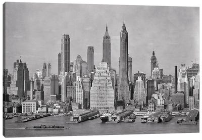 1940s Skyline Of Downtown Financial District NYC Spires Of Woolworth Building Irving Trust And 40 Wall Street From Brooklyn Canvas Art Print - Vintage Images