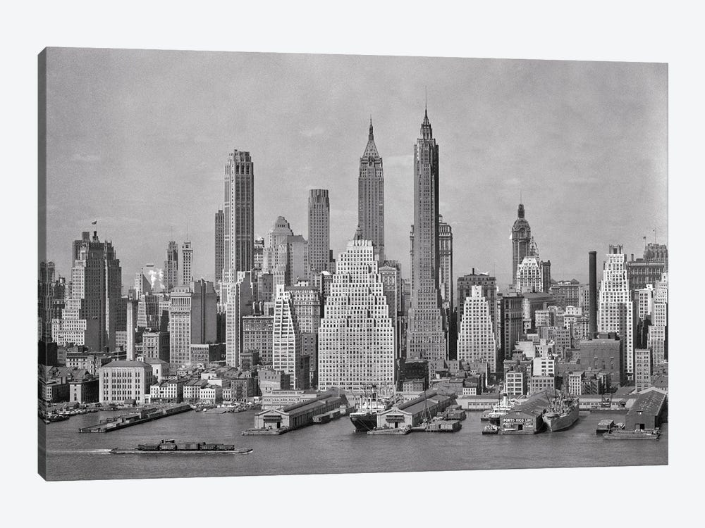 1940s Skyline Of Downtown Financial District NYC Spires Of Woolworth Building Irving Trust And 40 Wall Street From Brooklyn by Vintage Images 1-piece Canvas Art