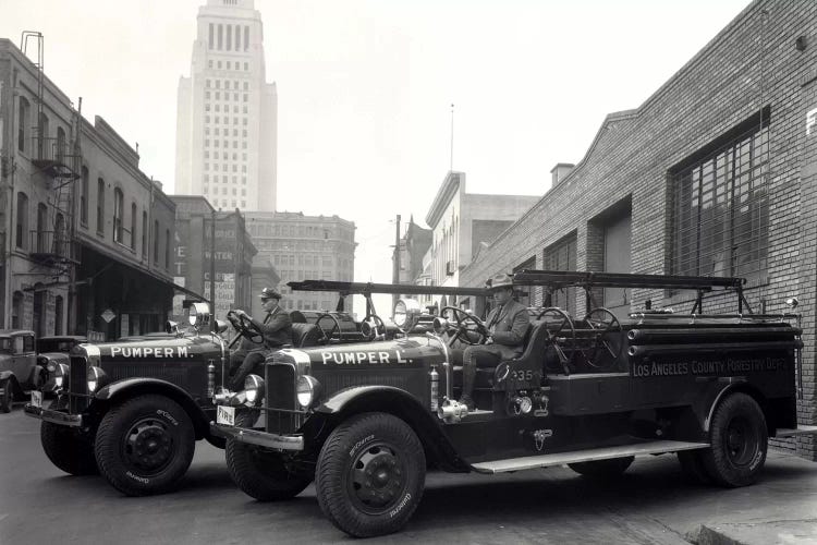1920s-1930s Two Fire Trucks With Los Angeles City Hall California USA In Background by Vintage Images wall art