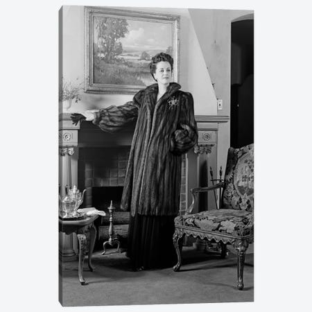 1940s Woman In Formal Living Room Standing In Front Of Fireplace Wearing Full-Length Fur Looking At Camera Canvas Print #VTG781} by Vintage Images Canvas Print