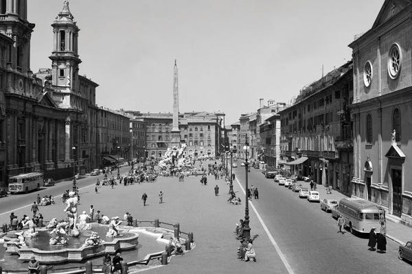 Fountains: 1950s 1960s Piazza Navona View Of City Square With Fountains Rome Italy by Vintage Images