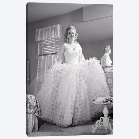 1950s 1960s Smiling Woman Looking At Camera By Bedroom Mirror Dressed In Formal Attire Ruffled Evening Gown Canvas Print #VTG784} by Vintage Images Canvas Art
