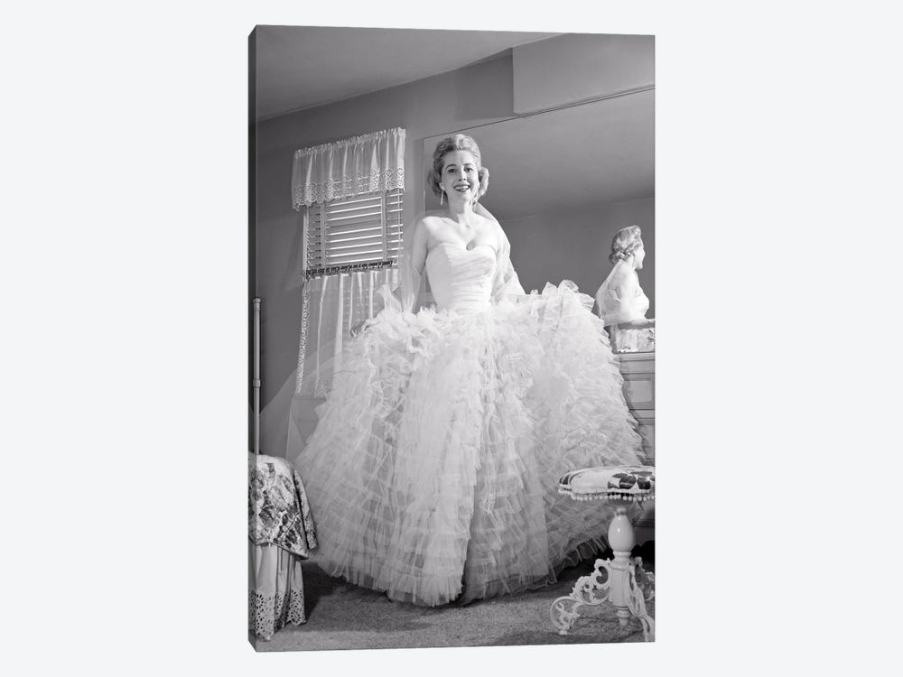 1950s 1960s Smiling Woman Looking At Camera By Bedroom Mirror Dressed In Formal Attire Ruffled Evening Gown by Vintage Images 1-piece Canvas Art Print