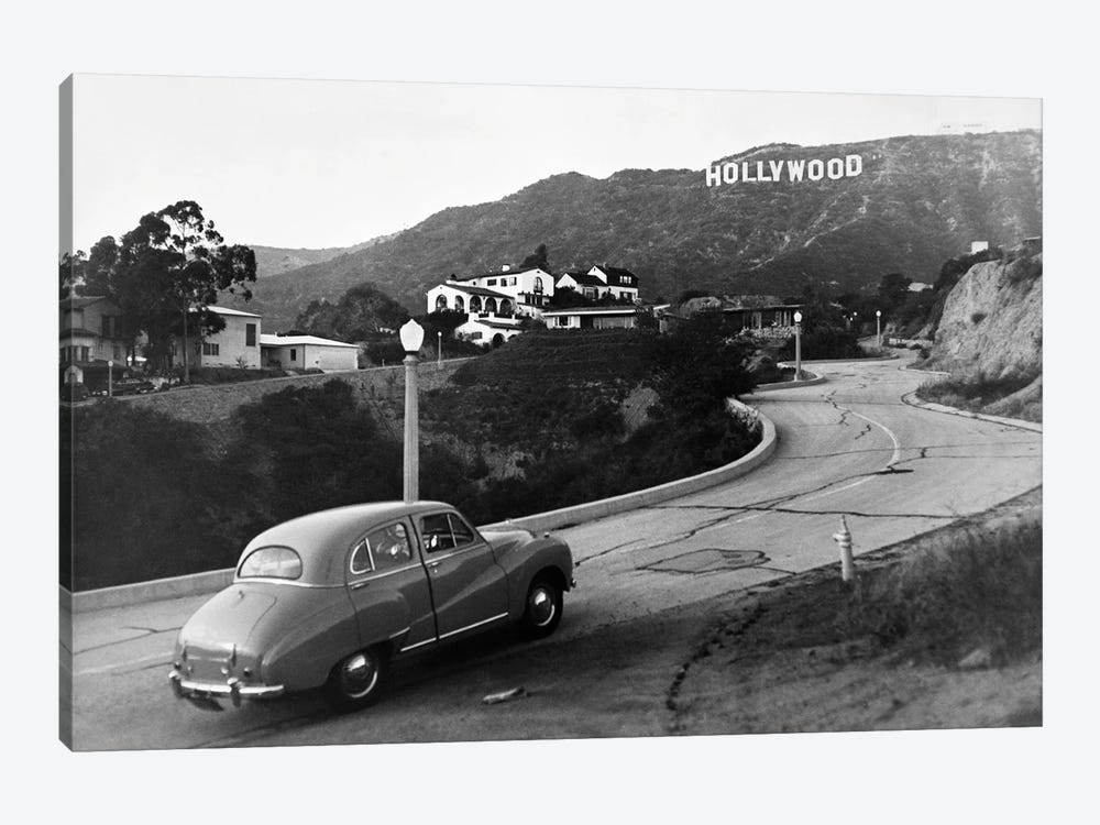 1950s Austin Car Driving Up The Hollywood Hills With Hollywood Sign In Distance Los Angeles Ca USA by Vintage Images 1-piece Art Print