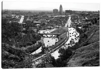 1950s City Hall In Center Of Skyline With Highway Freeway Traffic Into And From Los Angeles California USA Canvas Art Print - Vintage Images