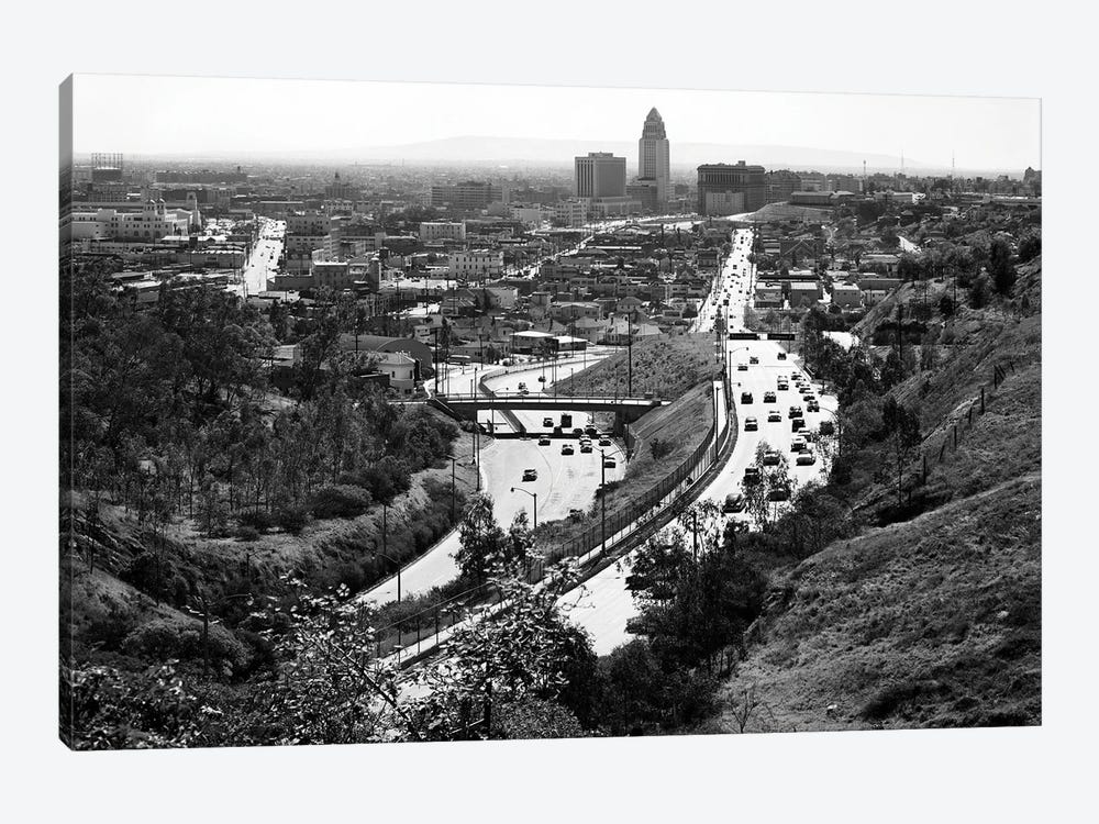 1950s City Hall In Center Of Skyline With Highway Freeway Traffic Into And From Los Angeles California USA by Vintage Images 1-piece Canvas Art
