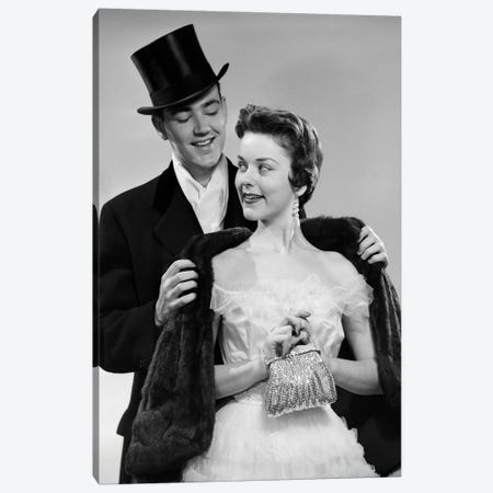 1950s Couple Formal Attire Man Wearing Top Hat Helping Woman In Evening Clothes With Fur Stole Canvas Print #VTG789} by Vintage Images Art Print