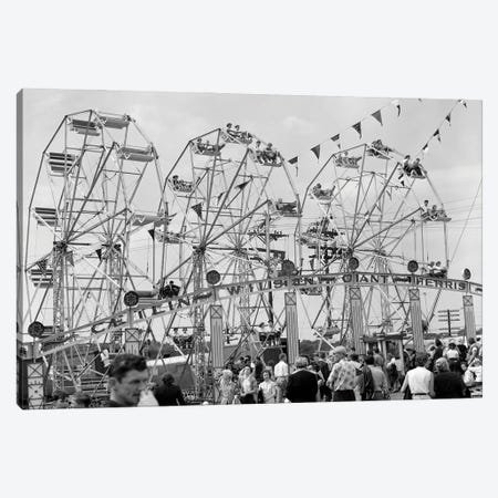 1950s Fair Scene Showing 3 Giant Ferris Wheels & Crowd Below Canvas Print #VTG791} by Vintage Images Canvas Art