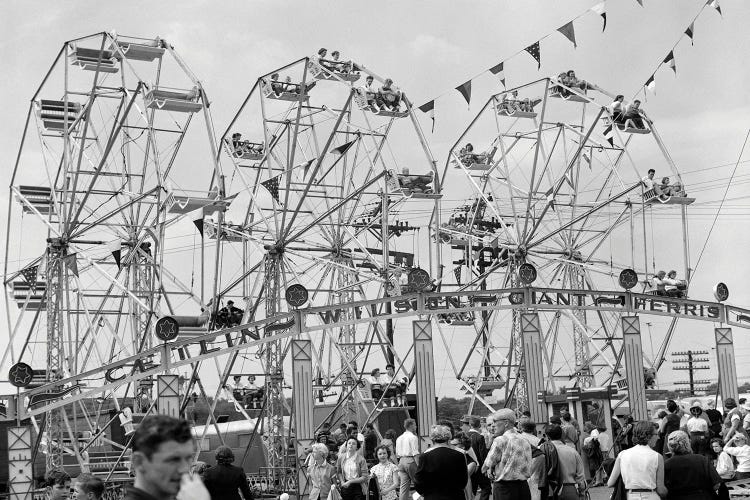 1950s Fair Scene Showing 3 Giant Ferris Wheels & Crowd Below