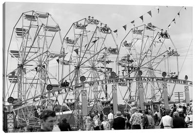 1950s Fair Scene Showing 3 Giant Ferris Wheels & Crowd Below Canvas Art Print - Ferris Wheels