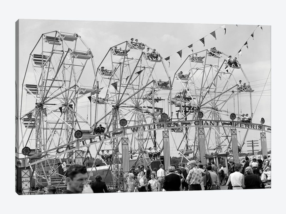 1950s Fair Scene Showing 3 Giant Ferris Wheels & Crowd Below by Vintage Images 1-piece Canvas Art Print