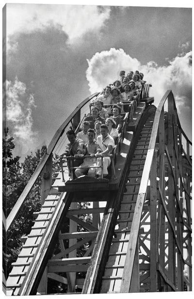 1950s Group Of Teens On Roller Coaster Coming Over And Down The Top Of Crest Outdoor Canvas Art Print - Vintage Images
