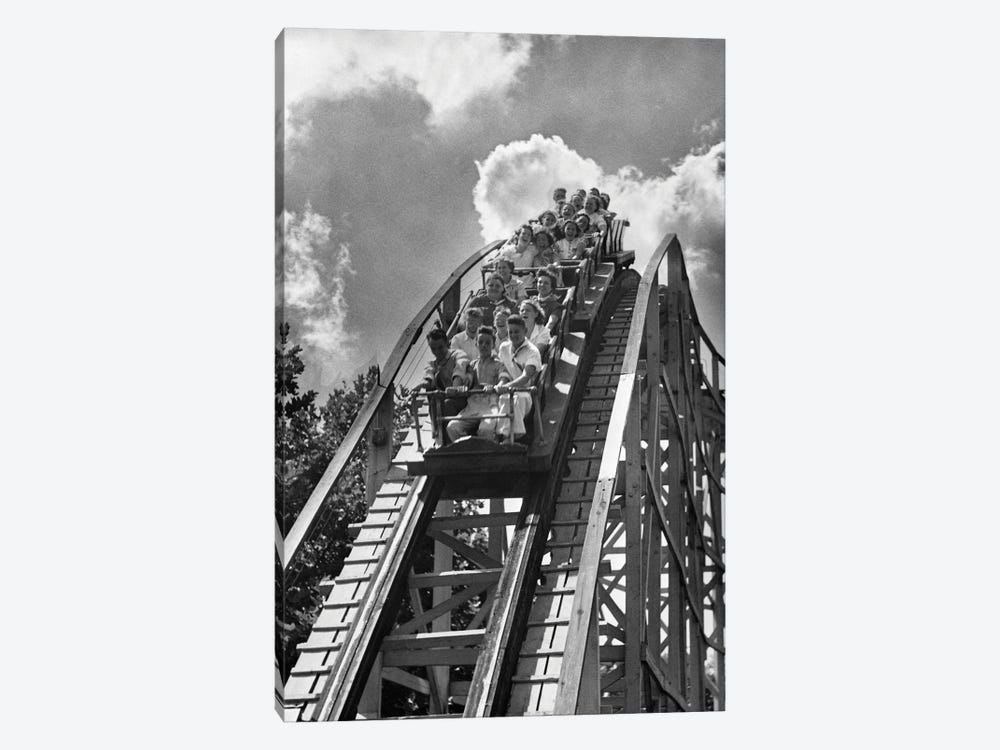 1950s Group Of Teens On Roller Coaster Coming Over And Down The Top Of Crest Outdoor by Vintage Images 1-piece Canvas Wall Art