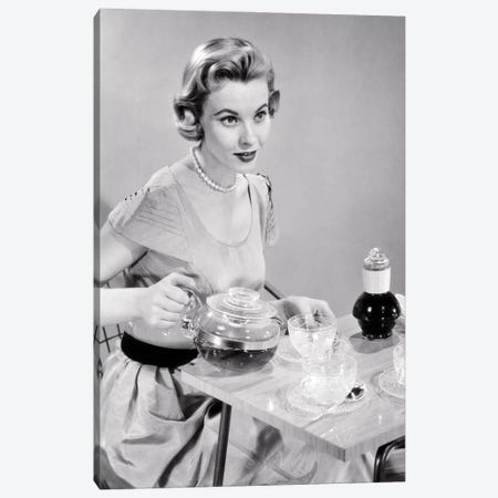 1950s Hostess Woman Housewife Serving Pouring Tea Coffee Seated At Table Canvas Print #VTG793} by Vintage Images Canvas Art