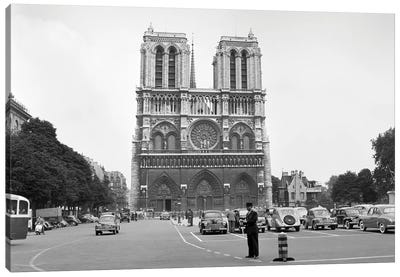 1950s Notre Dame Cathedral Single Anonymous Silhouetted Pedestrian Man Ile De La Cite Paris France Canvas Art Print - Vintage Images