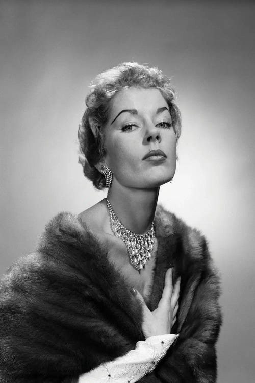 1950s Portrait Of Glamorous Woman Wearing Fur Stole Elegant Necklace Earrings