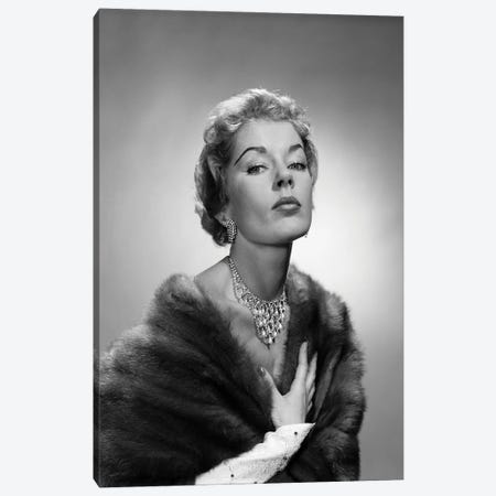 1950s Portrait Of Glamorous Woman Wearing Fur Stole Elegant Necklace Earrings Canvas Print #VTG795} by Vintage Images Canvas Art Print