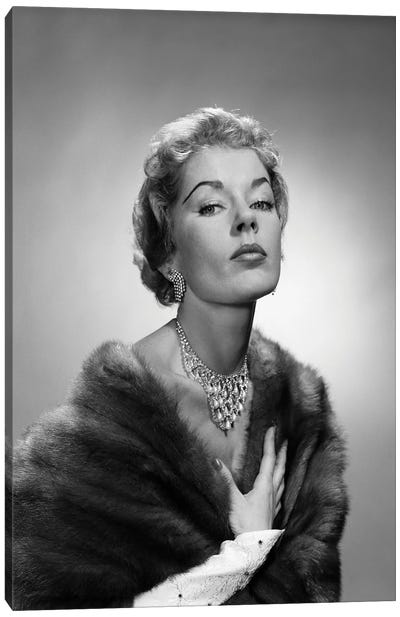 1950s Portrait Of Glamorous Woman Wearing Fur Stole Elegant Necklace Earrings Canvas Art Print - Vintage Images
