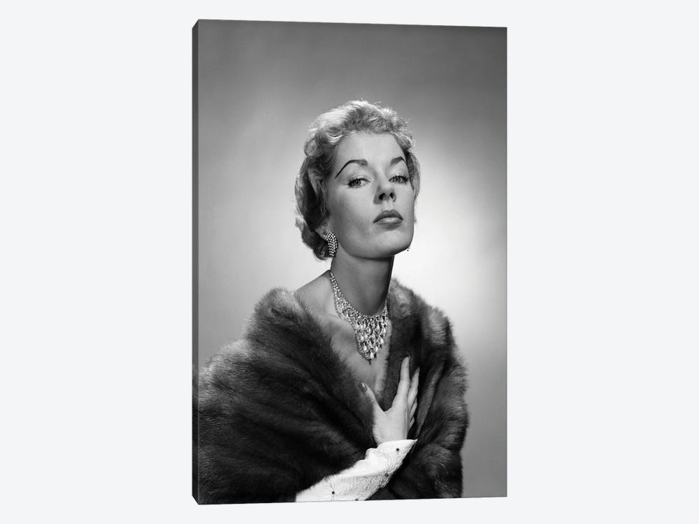 1950s Portrait Of Glamorous Woman Wearing Fur Stole Elegant Necklace Earrings by Vintage Images 1-piece Canvas Art Print