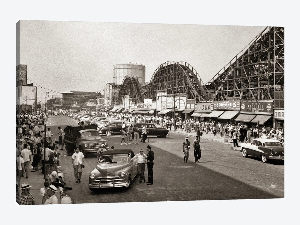 1950s Roller Coaster Crowded Streets Parked Cars Coney Island Brooklyn New York USA by Vintage Images 1-piece Canvas Art Print