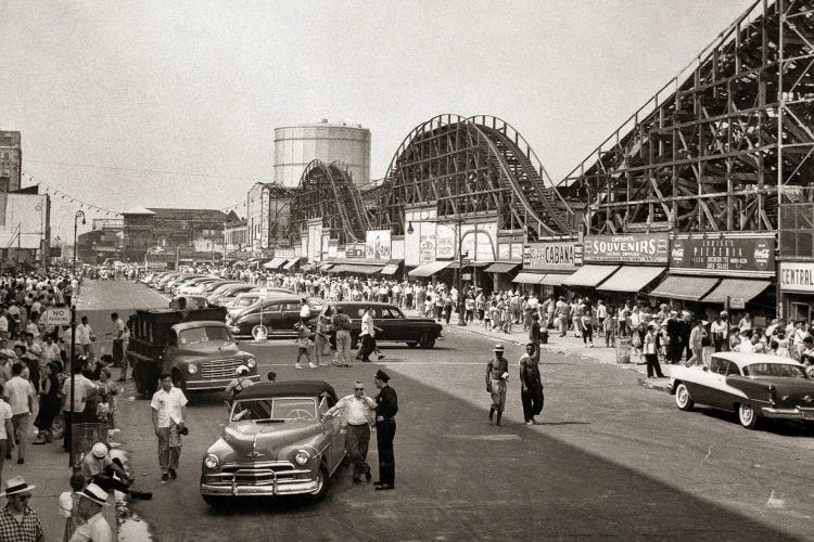 1950s Roller Coaster Crowded Streets Parked Cars Coney Island Brooklyn New York USA