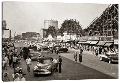 1950s Roller Coaster Crowded Streets Parked Cars Coney Island Brooklyn New York USA Canvas Art Print - Brooklyn Art