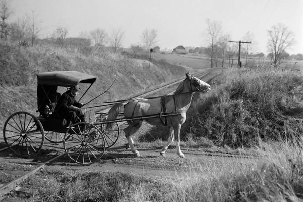 1890s-1900s Rural Country Doctor Driving Horse & Carriage Across Railroad Tracks