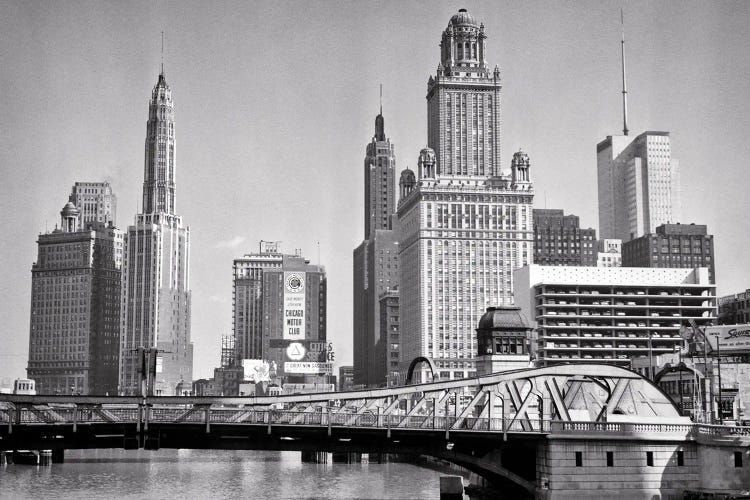 1950s Skyline Of Michigan Avenue Buildings And Chicago River Lift Bridge Chicago Illinois USA