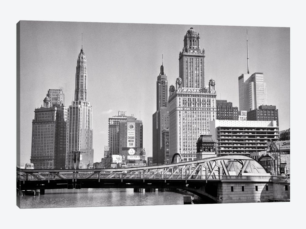 1950s Skyline Of Michigan Avenue Buildings And Chicago River Lift Bridge Chicago Illinois USA by Vintage Images 1-piece Art Print