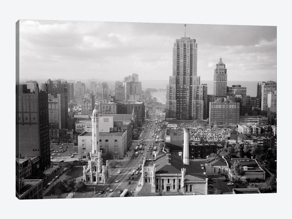 1950s Skyline View Water Tower Palmolive Building Along Michigan Avenue Chicago Illinois USA by Vintage Images 1-piece Canvas Artwork