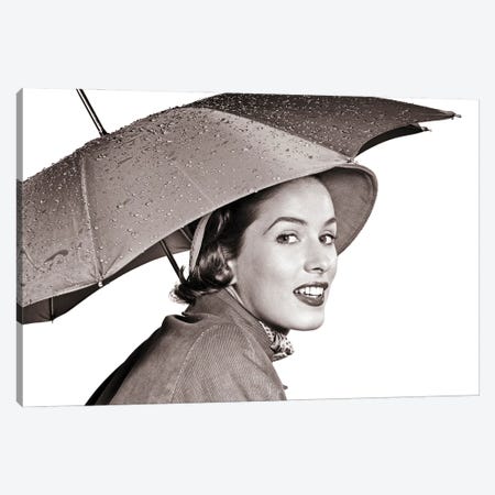 1950s Smiling Woman Looking At Camera Under An Umbrella Wearing Raincoat And Hat Canvas Print #VTG803} by Vintage Images Canvas Wall Art