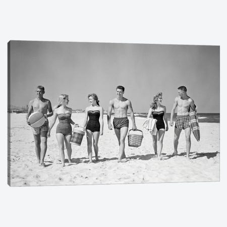 1950s Three Teenage Couples Walking On Beach Carrying Picnic Basket And Cooler Canvas Print #VTG807} by Vintage Images Art Print