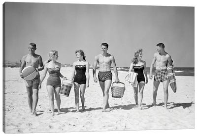 1950s Three Teenage Couples Walking On Beach Carrying Picnic Basket And Cooler Canvas Art Print - Women's Swimsuit & Bikini Art