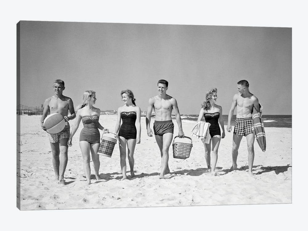 1950s Three Teenage Couples Walking On Beach Carrying Picnic Basket And Cooler by Vintage Images 1-piece Canvas Art