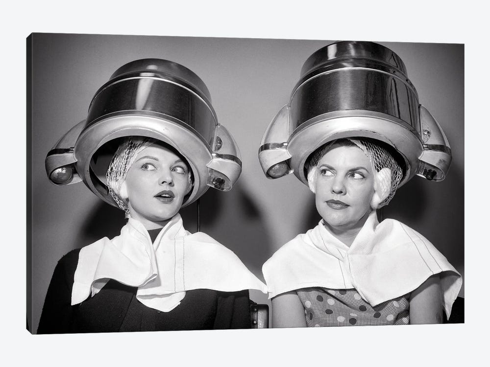 1950s Two Women Sitting Under Beauty Salon Hair Dryers Wearing Hairnets Towels Talking Gossip by Vintage Images 1-piece Art Print