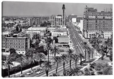 1960s Aerial Of Wilshire Boulevard Look Across Lafayette Park To Shopping District Sheraton Hotel Palm Trees Los Angeles Ca USA Canvas Art Print - Los Angeles Art