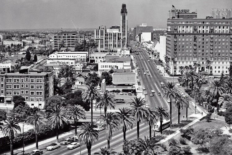 1960s Aerial Of Wilshire Boulevard Look Across Lafayette Park To Shopping District Sheraton Hotel Palm Trees Los Angeles Ca USA