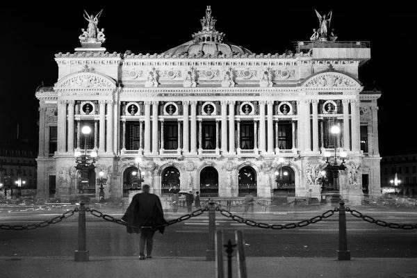 Paris Photography: 1960s Anonymous Silhouetted Man Looking At Palais Garnier Opera House At Night Paris France by Vintage Images
