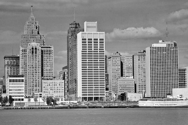 Michigan: 1960s Building Skyline Across The Detroit River Detroit Michigan USA by Vintage Images